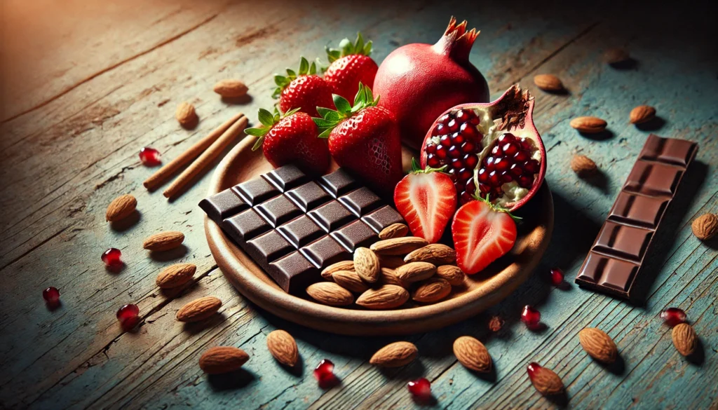 A wooden platter featuring fresh strawberries, dark chocolate pieces, almonds, and pomegranate seeds, elegantly arranged. The setting has soft, warm lighting, creating a sensual and inviting atmosphere, symbolizing natural foods that support libido health.