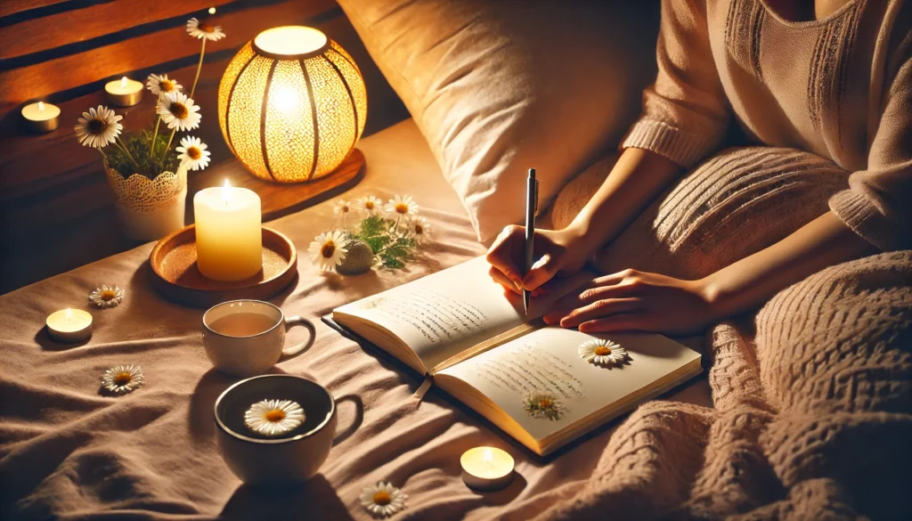 A peaceful nighttime scene with a person journaling in bed under the soft glow of a bedside lamp. A cup of chamomile tea and a cozy blanket create a calming ambiance, promoting mindfulness and a soothing end to the day.