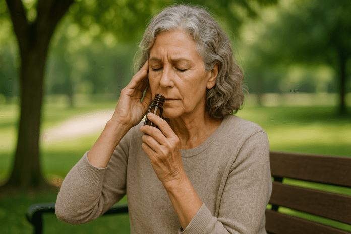 An older woman with gray hair sits alone on a wooden bench in a sunlit park, gently inhaling from a small amber essential oil bottle. The soft morning light, lush greenery, and her relaxed posture visually reinforce the calming and focus-enhancing effects of energizing essential oils for brain health and attention as you age.