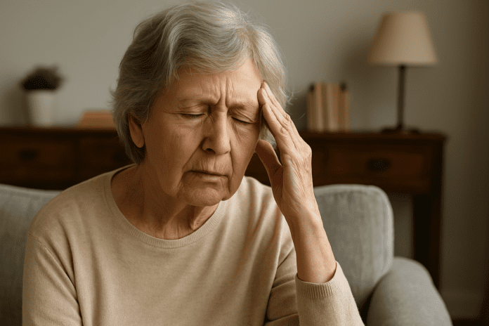 *elderly woman with hand on head sitting alone indoors, representing cognitive decline and early Alzheimer symptoms*