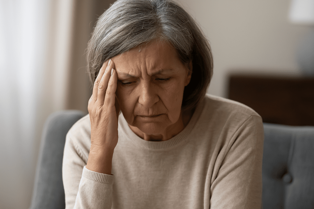 elderly woman resting hand on temple, seated in a quiet room, reflecting on cognitive health and memory concerns