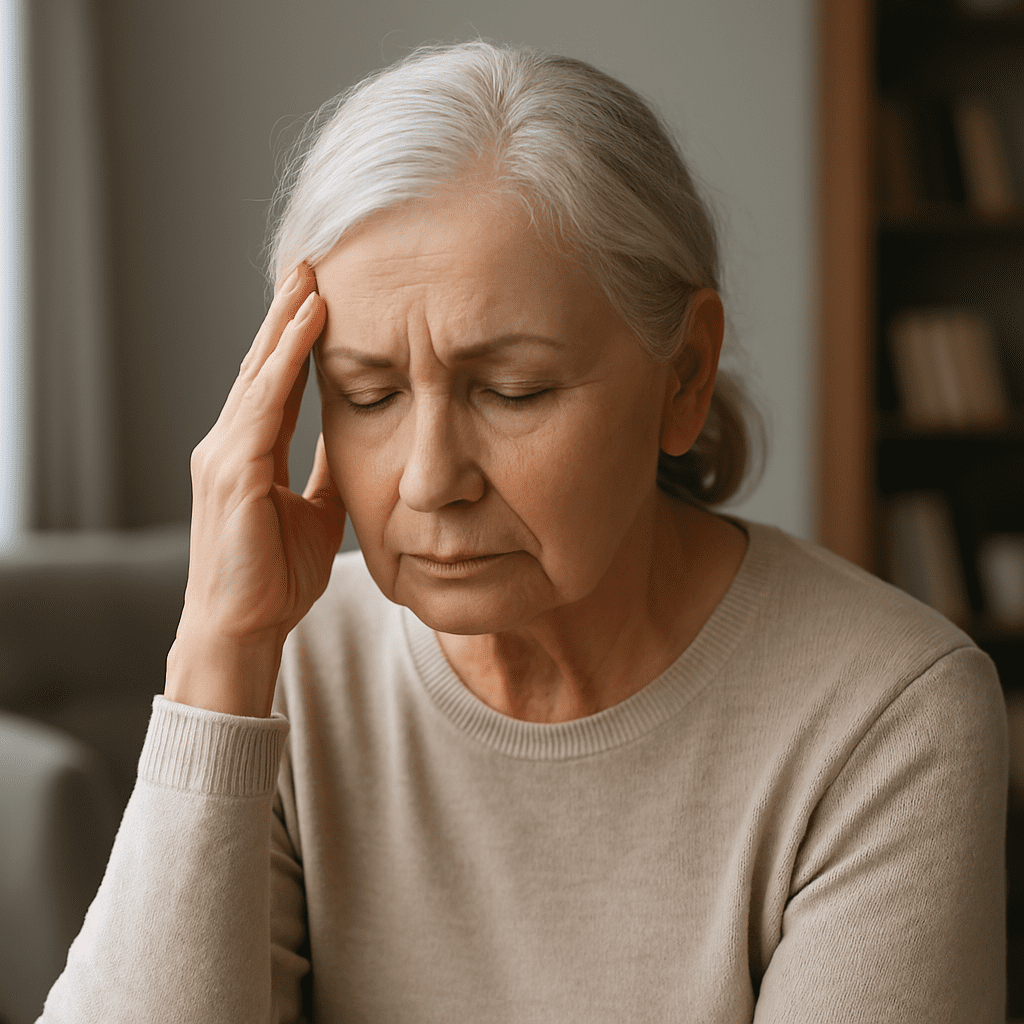 elderly woman with eyes closed in quiet contemplation, seated in a cozy room, symbolizing early reflection on Alzheimer’s risk