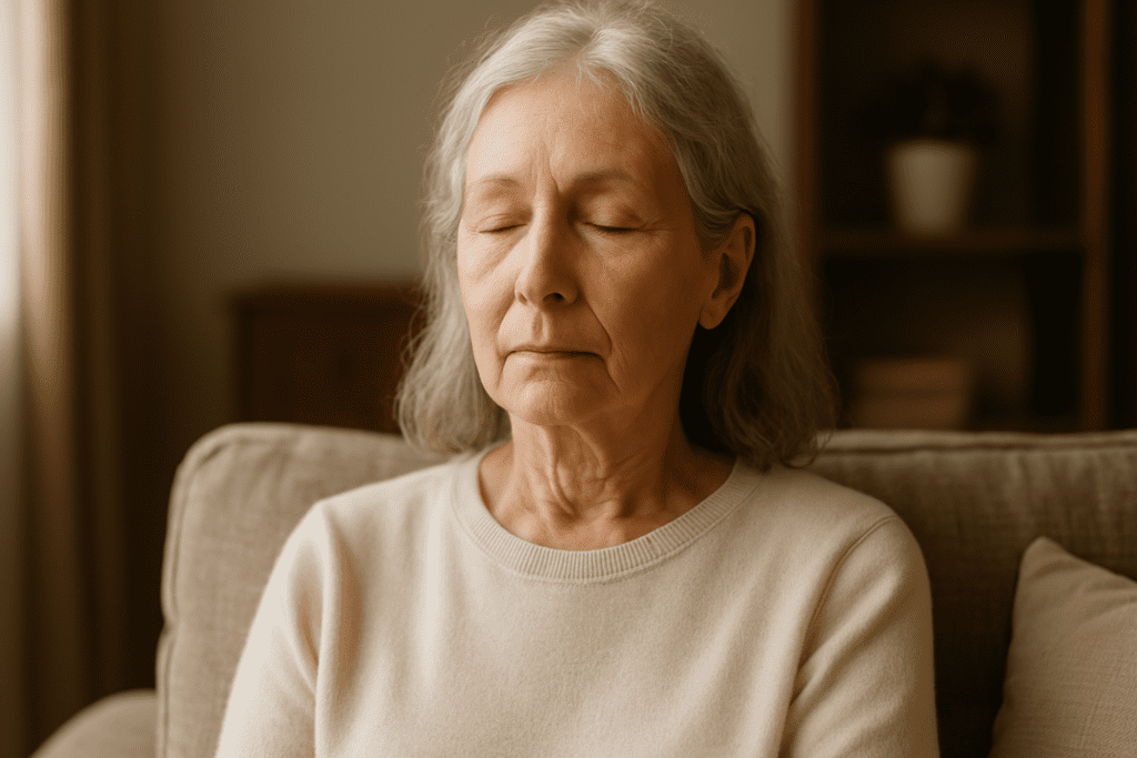 elderly woman with eyes closed in peaceful meditation, sitting in soft natural light, symbolizing early mindfulness for Alzheimer prevention