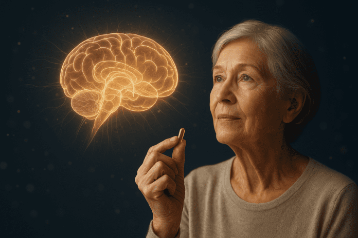 Elderly woman holding a supplement capsule while gazing at a glowing golden brain, symbolizing cognitive health and mental clarity support through brain supplements.