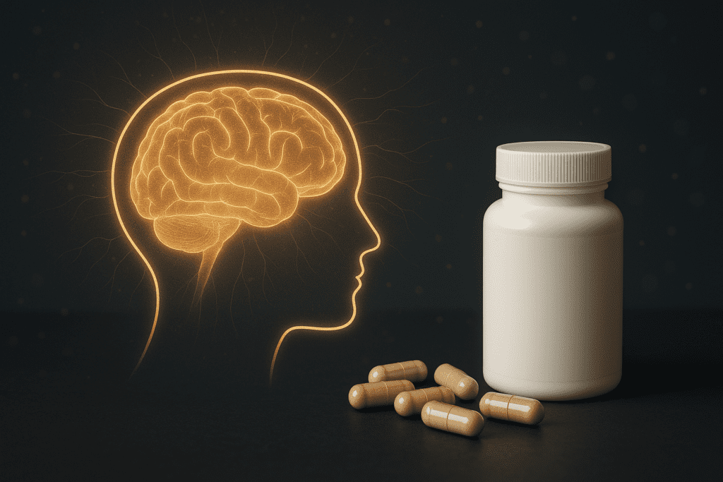 Glowing brain silhouette linked by radiant neural lines to a pill bottle, visually depicting the potential effects of cognitive supplements on brain health and focus.