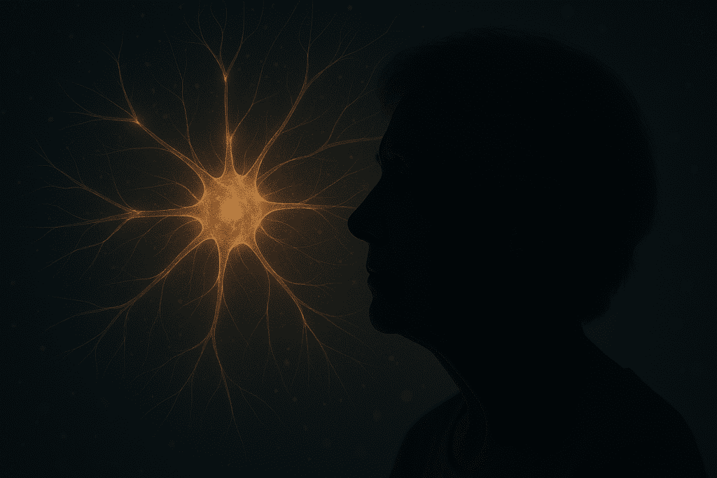 Silhouette of an elderly person next to a glowing neural network, highlighting the connection between age, brain health, and supplements that support long-term mental clarity.