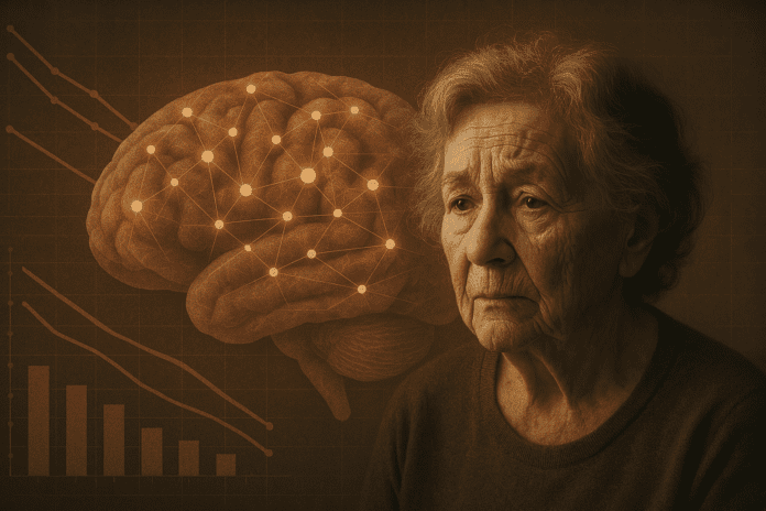 Elderly woman with a thoughtful expression beside a glowing digital brain network, surrounded by statistical graphs representing cognitive decline and dementia risk trends