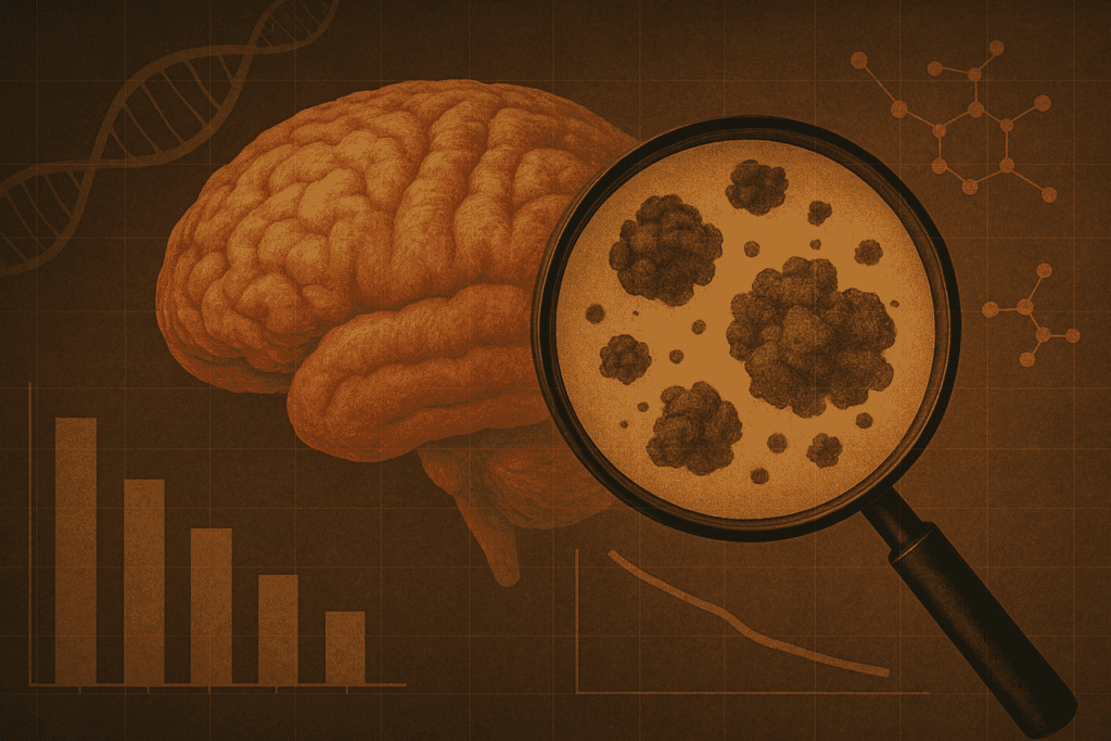 Magnified view of beta-amyloid plaques over a human brain illustration, layered with DNA strands and bar graphs to represent scientific data on Alzheimer's disease pathology.