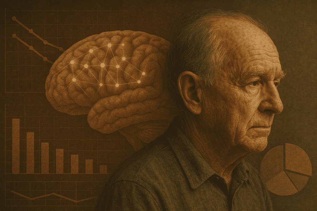 Side profile of an elderly man juxtaposed with a human brain network and declining statistical charts, symbolizing dementia prevalence and risk factor analysis.