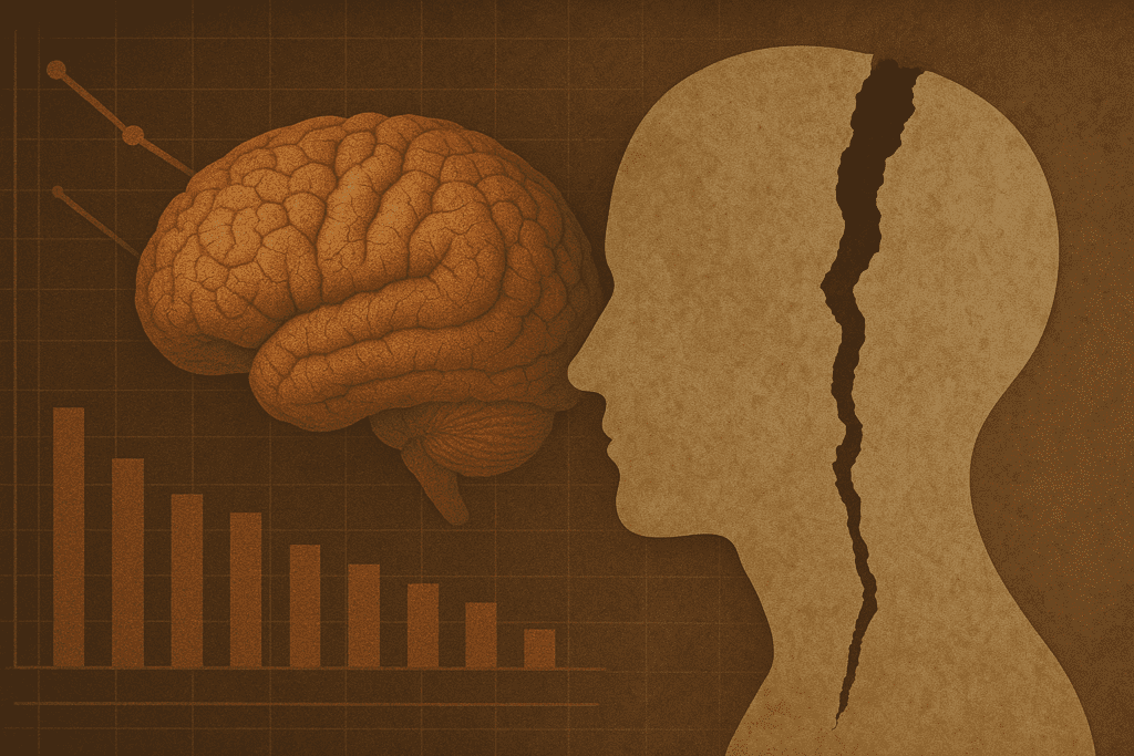 Cracked human silhouette facing a brain and descending data charts, artistically depicting the breakdown of cognitive function and increasing dementia rates.