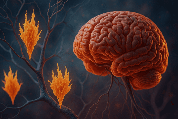 Digital illustration of the human brain showing tau protein aggregates forming neurofibrillary tangles along neuronal branches, representing the progression of Alzheimer’s disease.