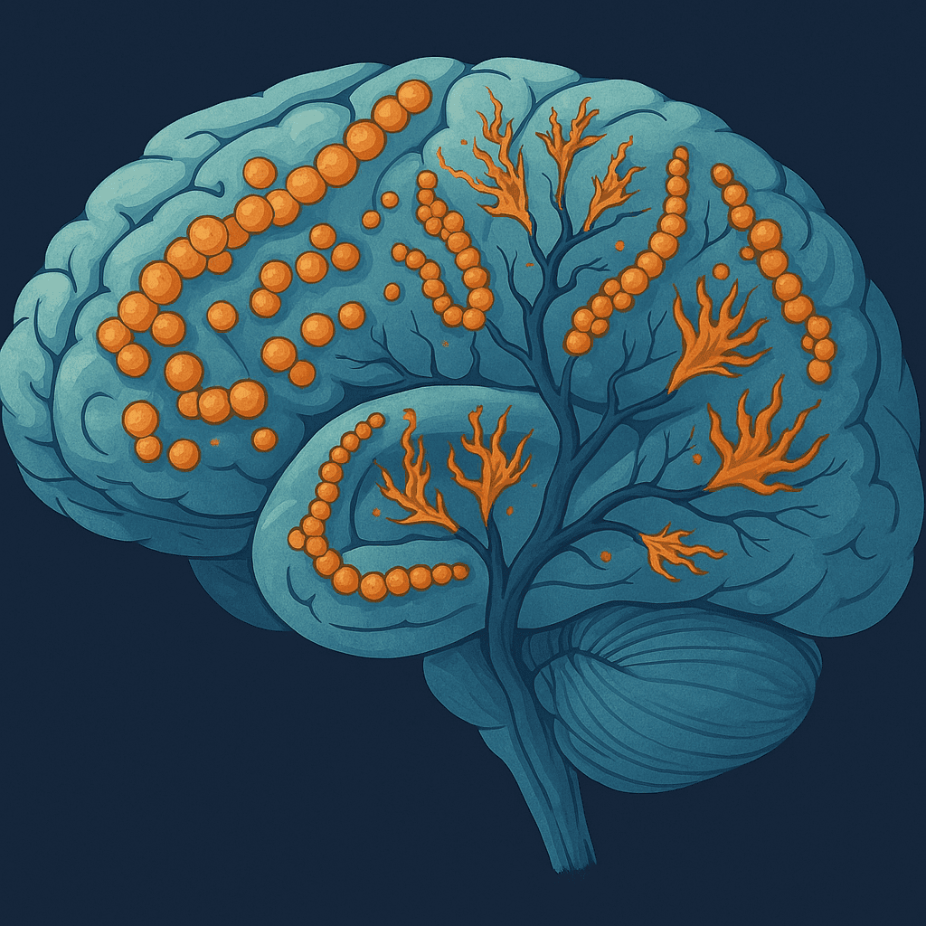 Illustration of the human brain highlighting tau protein buildup and neurofibrillary tangles, with bright orange clusters indicating affected areas in Alzheimer’s disease progression.