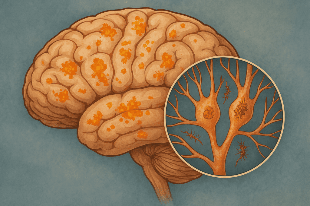 Side view of the human brain with highlighted tau protein deposits, showing detailed neuron structures and neurofibrillary tangles magnified in an inset circle, representing Alzheimer’s progression.