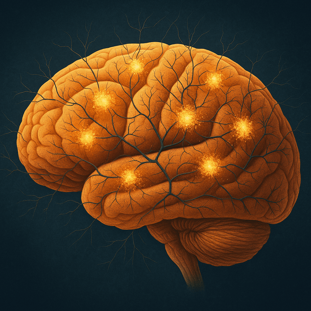 Lateral view of the human brain with glowing tau protein clusters illuminating neural pathways, symbolizing the buildup of neurofibrillary tangles associated with Alzheimer’s disease.