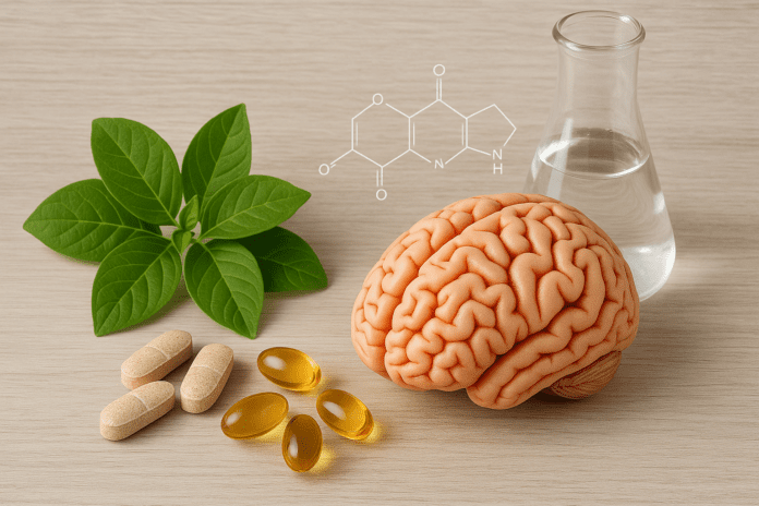 Natural focus supplements with brain model, green plant leaves, capsules, and scientific flask on wood background