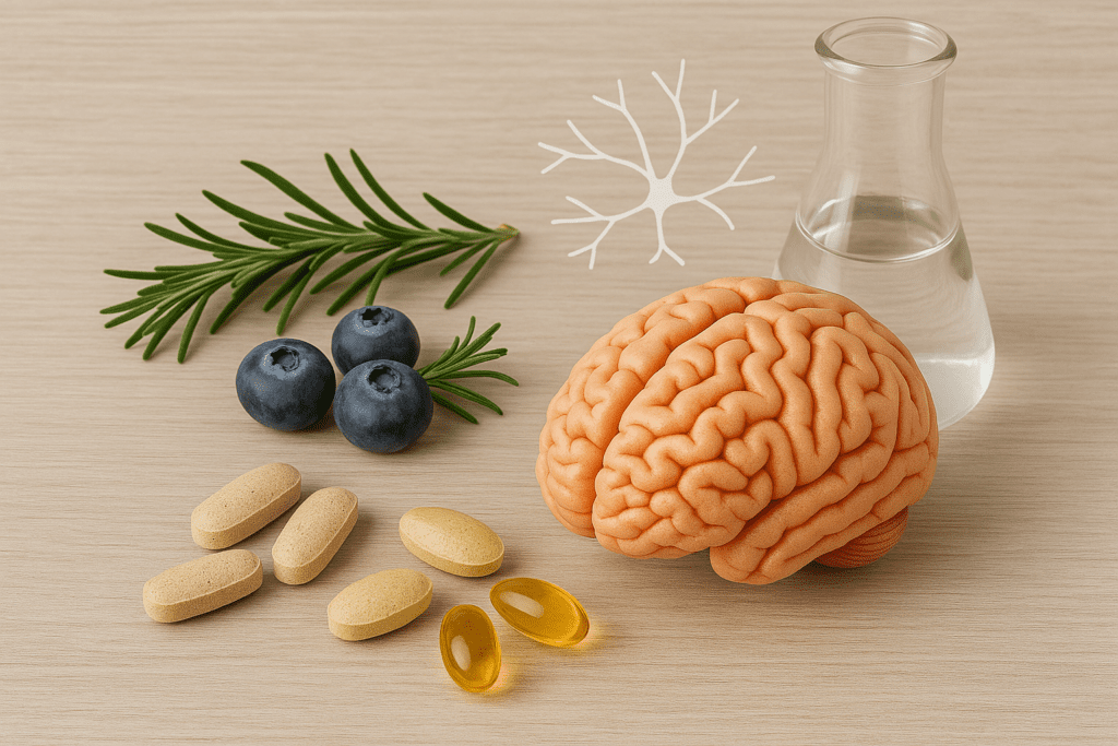 Brain model surrounded by blueberries, rosemary, capsules, and glass flask representing natural supplements for mental clarity.