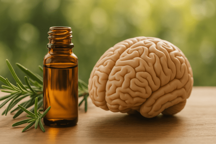 Amber glass bottle of essential oil beside a human brain model and fresh rosemary on a wooden surface with green foliage background.