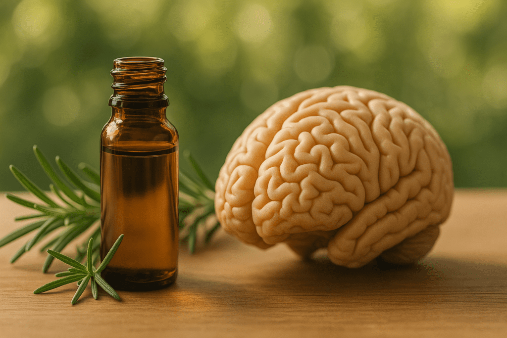 Clear glass diffuser emitting vapor next to a human brain model on a notebook, set outdoors with blurred natural greenery.