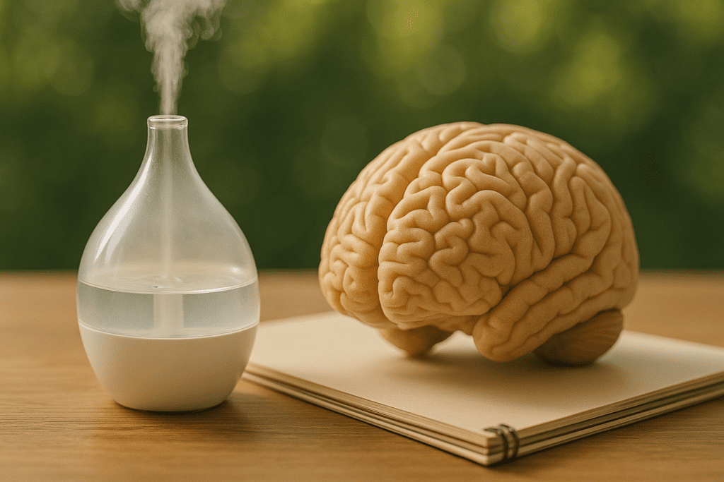 Dropper releasing essential oil into amber bottle with a brain model in the background, highlighted by sunlight and green bokeh.