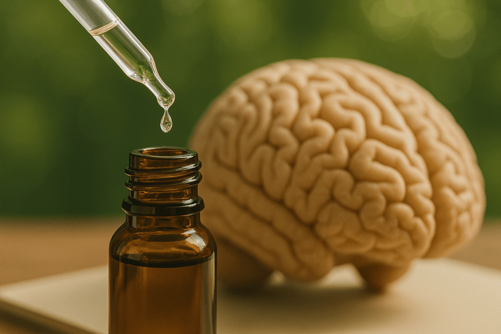 Essential oil bottle and realistic brain model with fresh rosemary on a wooden surface, surrounded by natural outdoor light and greenery.