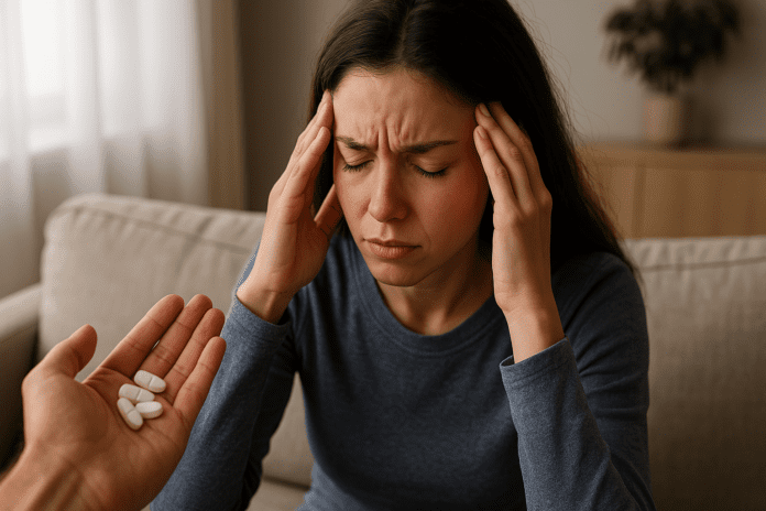 A stressed woman sitting on a beige couch with her hands on her temples as a hand offers her white pills, symbolizing anxiety and consideration of stress relief medication.