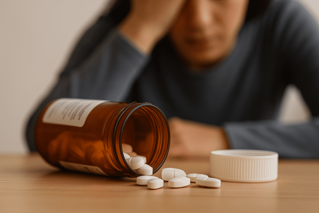 A prescription bottle spills white pills across a wooden table with a blurred woman in the background holding her head, representing the emotional weight of stress medication decisions.
