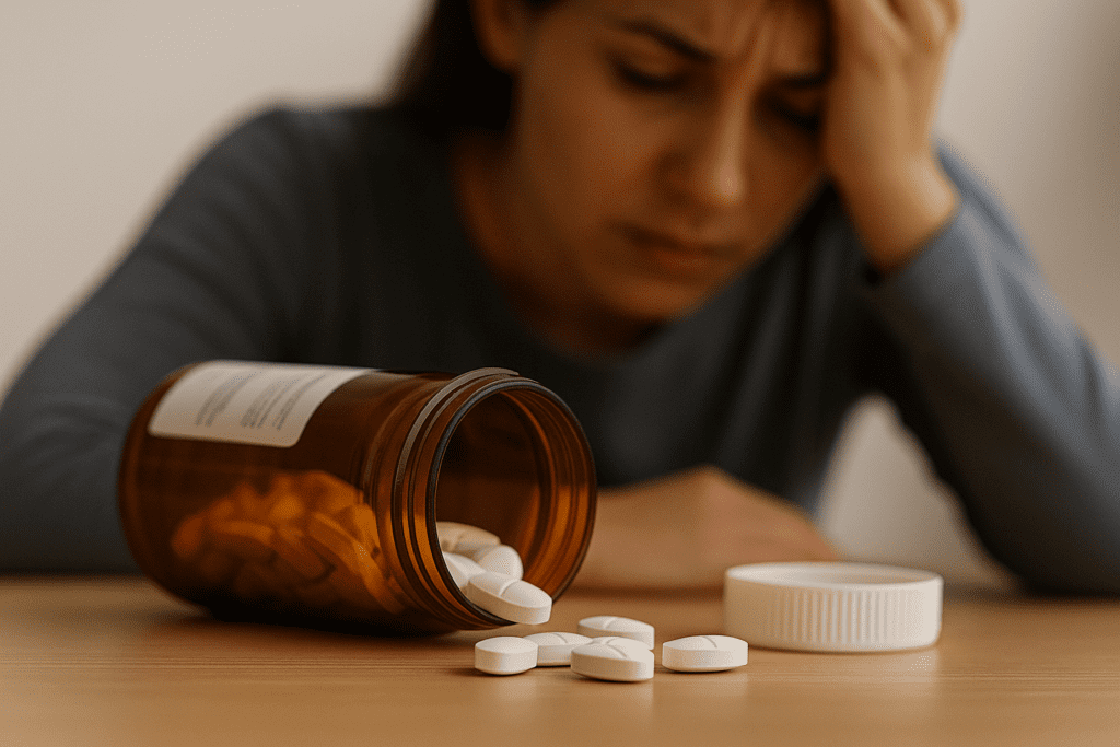 A worried woman sits behind a tipped-over amber pill bottle with tablets scattered in front of her, reflecting uncertainty about the effectiveness of anxiety medications.