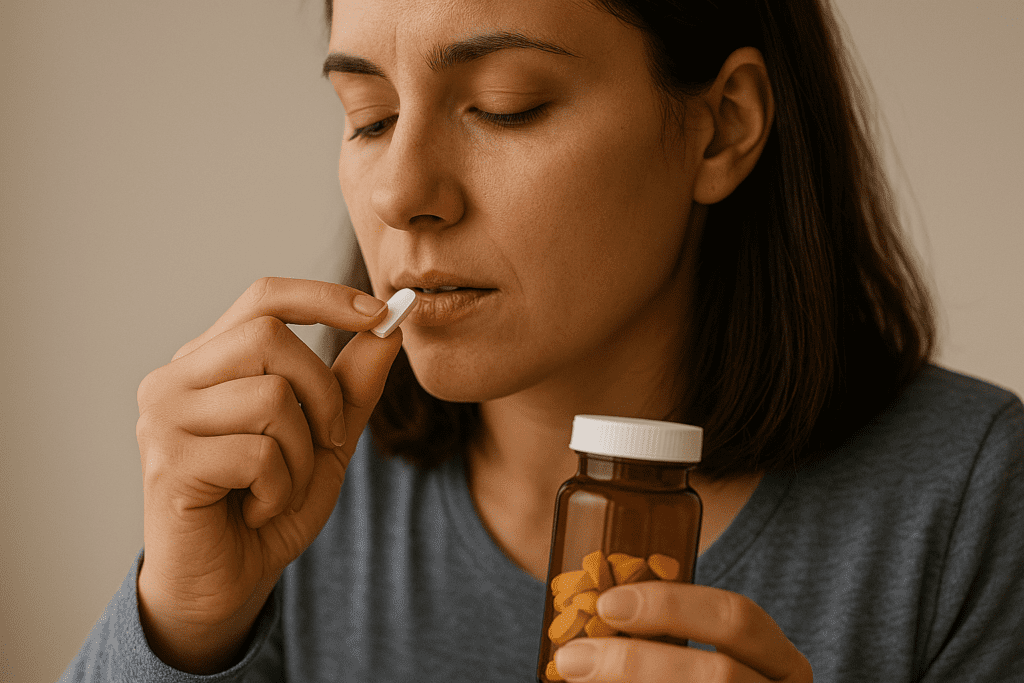 A woman thoughtfully holds a white pill near her lips while gripping a bottle of medication, illustrating contemplation about taking stress relief pills for anxiety management.