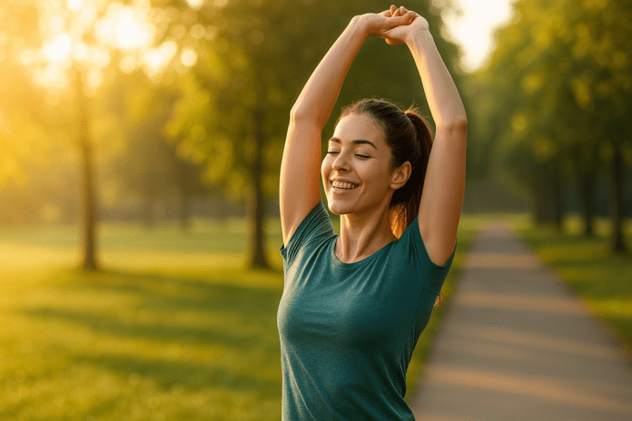 Woman stretching joyfully in a sunlit park surrounded by trees, symbolizing natural energy and morning vitality