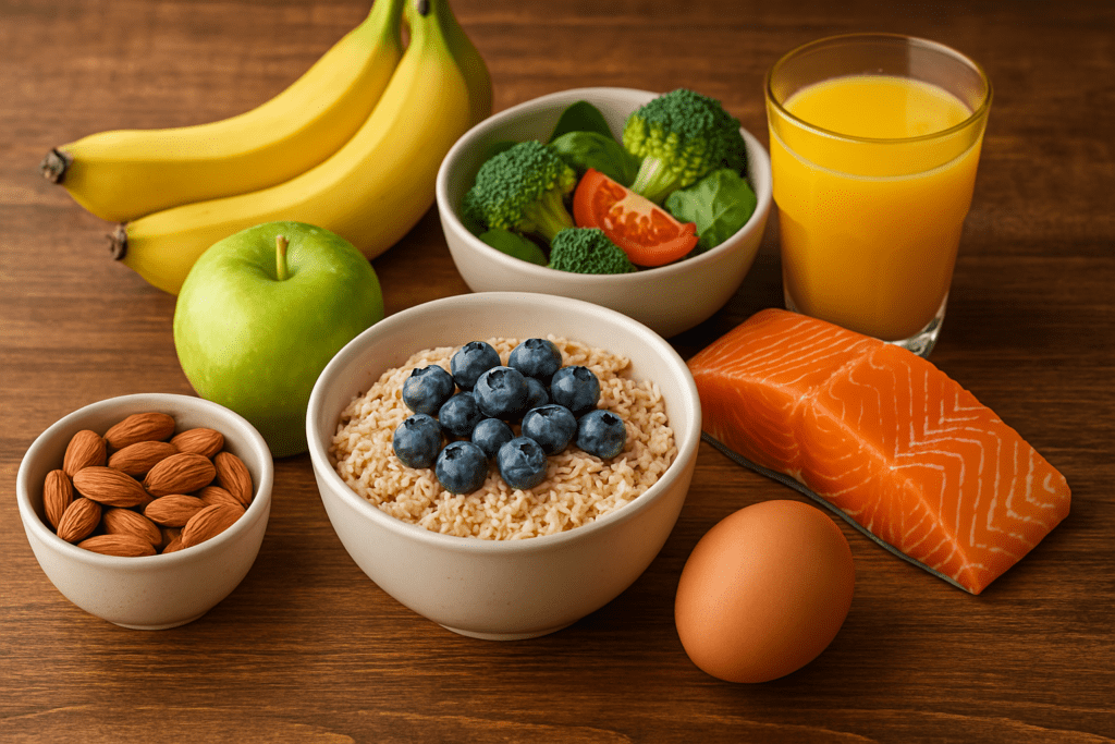 Healthy breakfast foods including oatmeal with blueberries, salmon, almonds, and a glass of orange juice displayed on a rustic wooden table