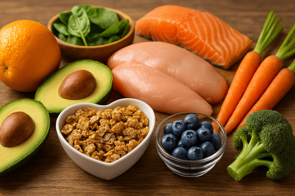 Assortment of energy-boosting foods such as avocado, chicken, salmon, blueberries, carrots, and granola in a heart-shaped bowl on a wooden surface