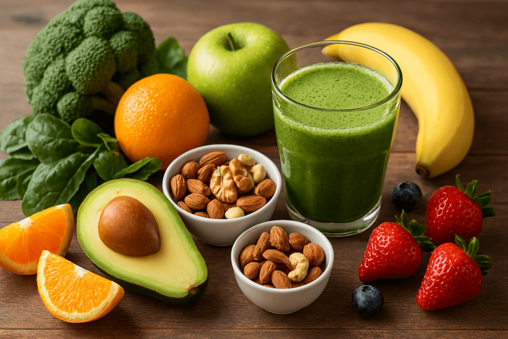 Fresh fruits, vegetables, mixed nuts, and a green smoothie arranged vibrantly on a wooden table, representing natural sources of focus and stamina
