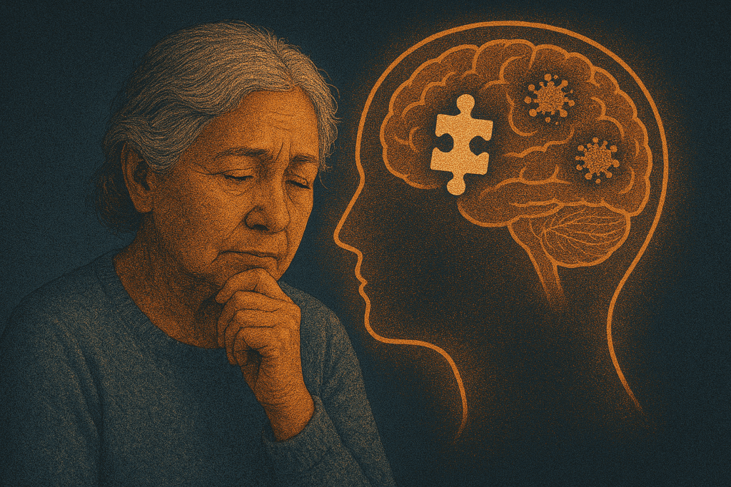 Elderly woman in deep thought beside a glowing brain silhouette with puzzle piece and amyloid formations, reflecting memory loss and cognitive therapy themes.