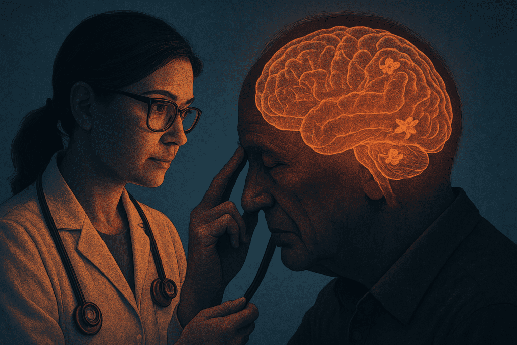 Female doctor examining an older male patient with a glowing brain overlay, illustrating expert attention to amyloid-related brain health.