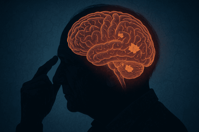 Silhouette of an elderly man with an illuminated brain highlighting amyloid plaques, symbolizing cognitive decline and neurological focus.