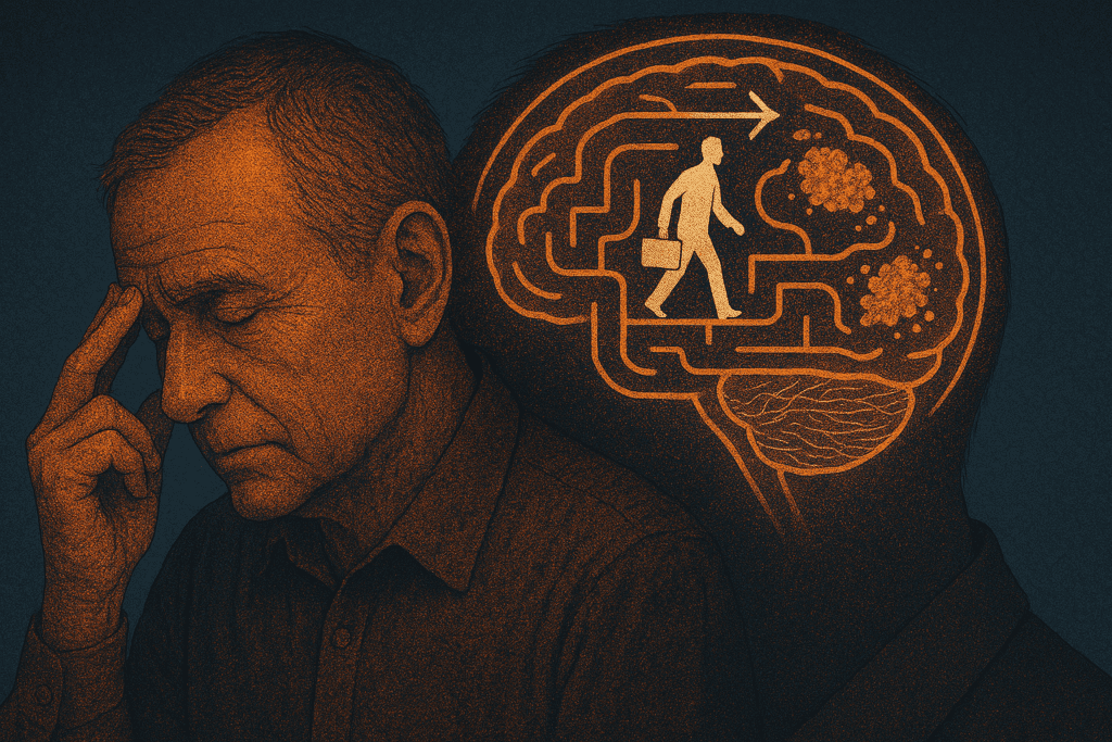 Thoughtful man navigating a brain-shaped maze with visible amyloid clusters, representing mental health strategies for amyloid brain disease.