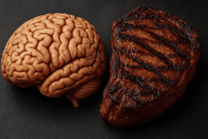 Split image showing a human brain on the left and a grilled steak on the right, symbolizing the potential connection between red meat consumption and brain health or Alzheimer’s risk.