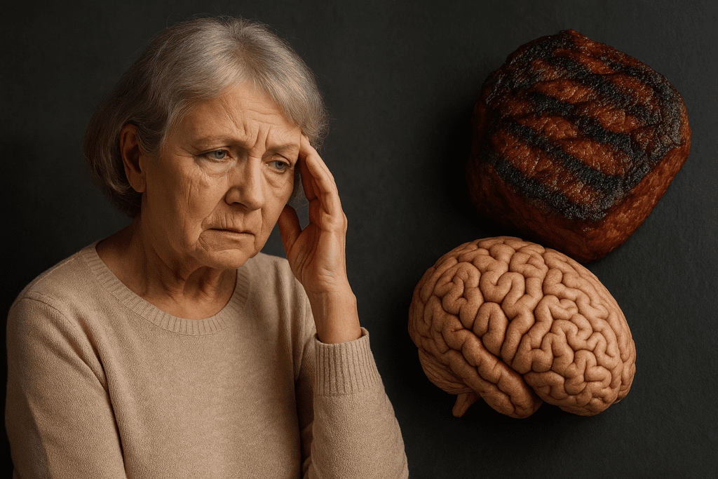 Elderly woman holding her temple in thought beside a grilled steak and anatomical brain model, visually representing concerns about red meat consumption and Alzheimer’s risk.