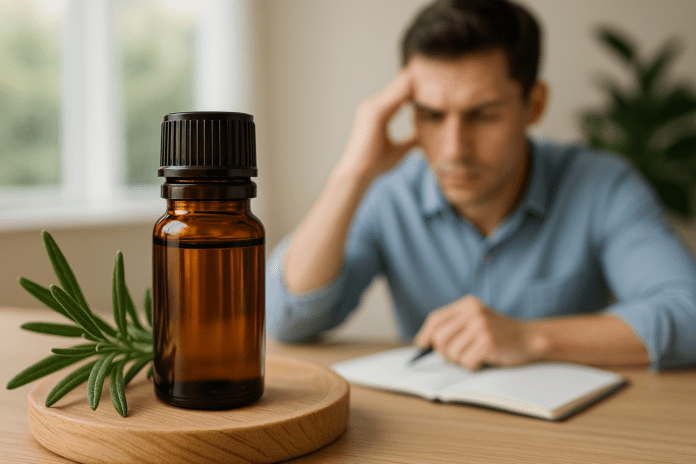 Amber essential oil bottle with fresh rosemary on a wooden tray, with a man focusing in the background while writing, symbolizing natural methods for mental clarity and concentration.