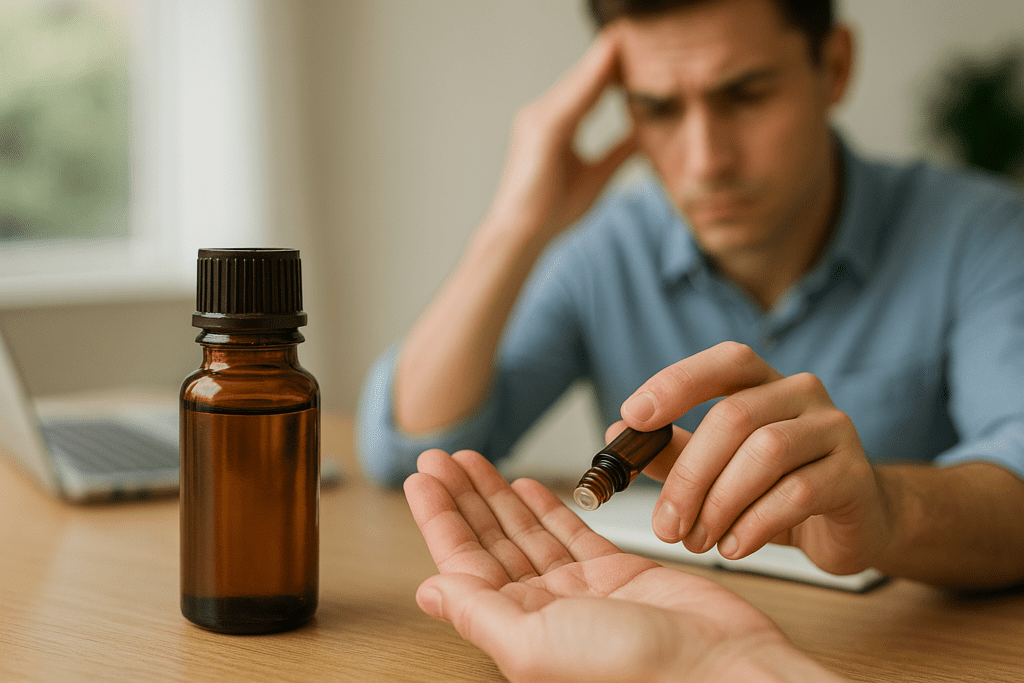 Close-up of hands applying amber essential oil with a man in the background concentrating at a desk, representing the use of essential oil blends to enhance focus and cognitive function.