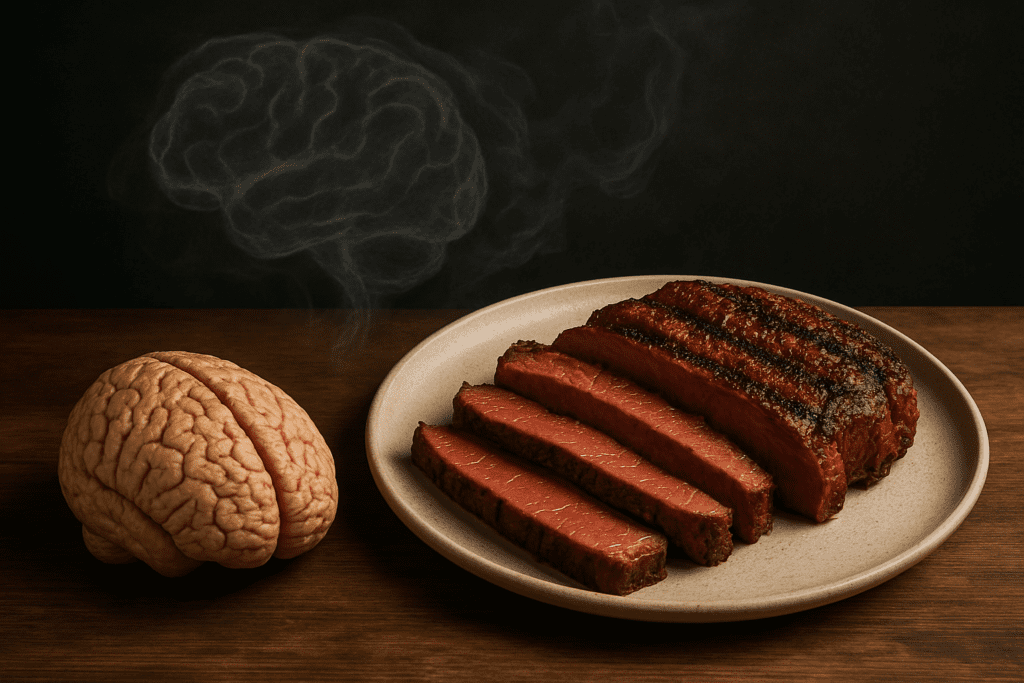 Close-up of sliced grilled steak on a plate beside a human brain model, with smoke in the background forming the shape of a brain, visually symbolizing the connection between red meat and cognitive health.