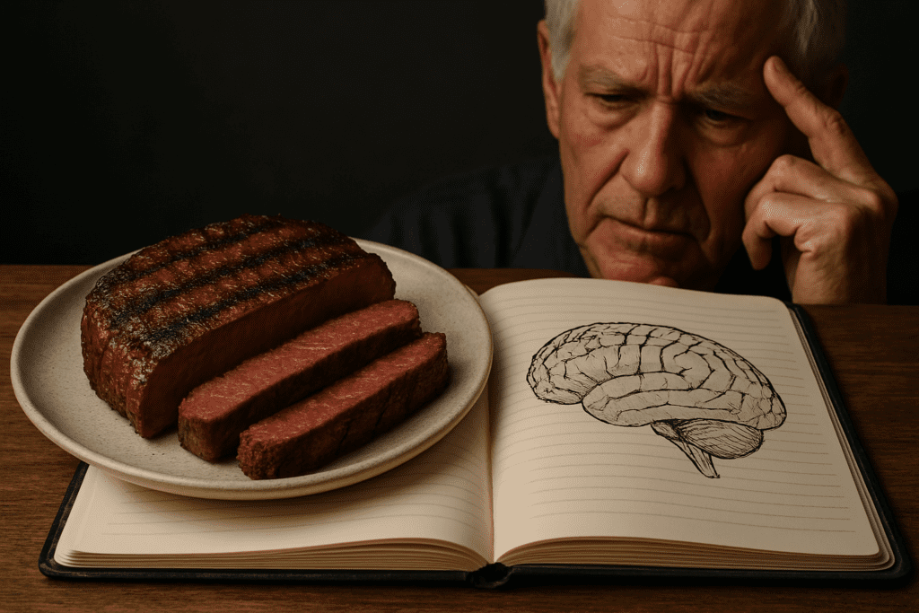 Grilled steak on a plate beside an open notebook displaying a brain illustration, with an elderly man in the background thoughtfully touching his temple, symbolizing the link between diet and Alzheimer’s risk.