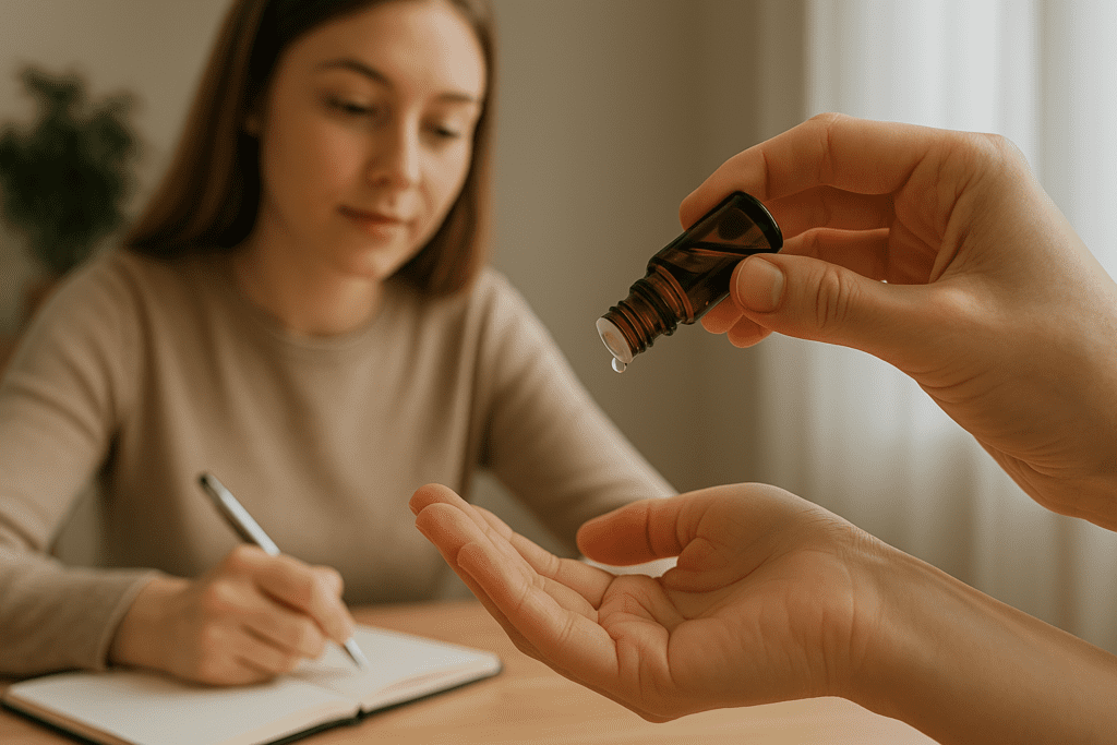 A young woman writing in a notebook while a drop of essential oil is dispensed into a waiting hand, highlighting the calming and focus-enhancing benefits of using natural essential oil blends for improved cognitive performance.