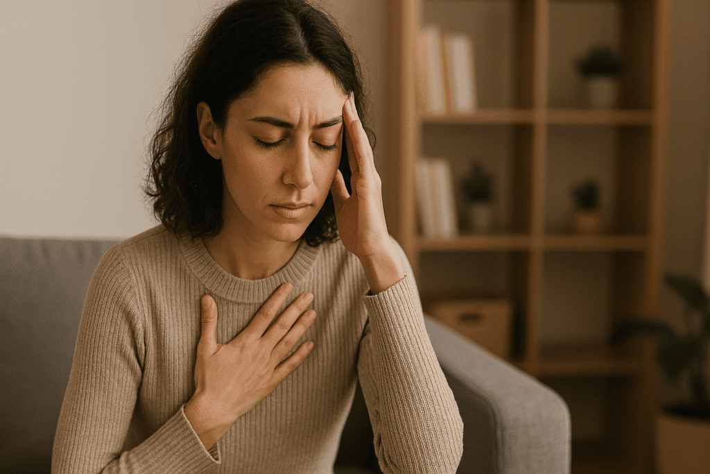 A woman places one hand on her chest and the other on her temple with eyes closed in a serene home setting, visually representing emotional regulation and mindfulness for stress relief.