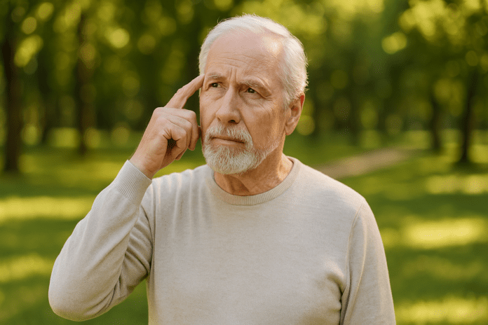 Thoughtful elderly man standing in a sunlit green park, gently touching his temple with a contemplative expression—symbolizing memory health and mindful aging for preventing cognitive decline
