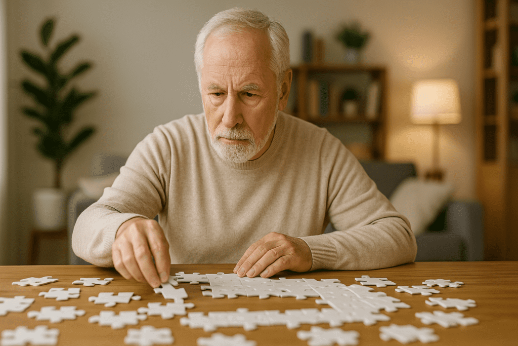 Older man with white hair and beard concentrating on a jigsaw puzzle at a wooden table in a cozy, warmly lit living room—illustrating mentally engaging activities that support memory and brain health in aging