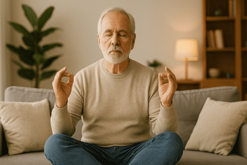 Senior man with eyes closed practicing meditation in a peaceful home environment, sitting cross-legged on a couch surrounded by calming decor—representing relaxation techniques that promote brain health and reduce memory-related stress