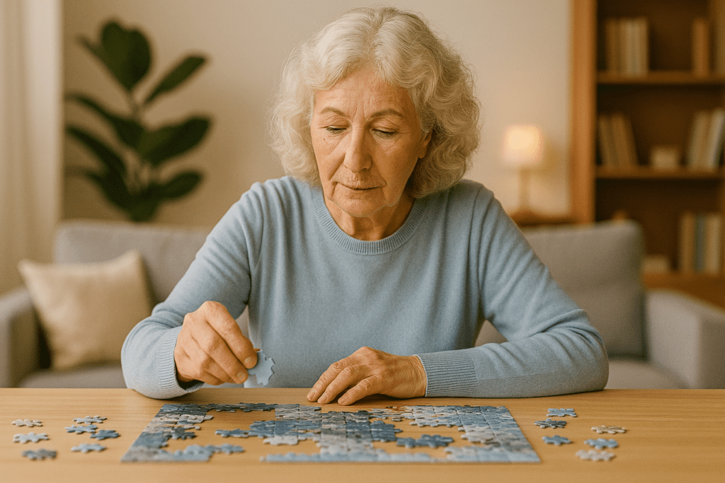 Elderly woman with white curly hair wearing a light blue sweater, calmly focused on assembling a jigsaw puzzle at a wooden table in a softly lit, cozy living room with neutral-toned decor and natural light—visually representing brain-stimulating activities that help prevent memory loss in old age