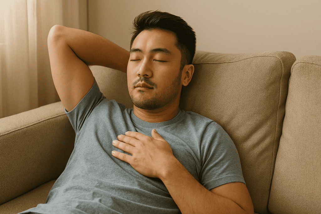 A relaxed man reclines on a beige sofa with eyes closed and a hand resting on his chest, conveying the calming effects of deep breathing and relaxation techniques for stress management.