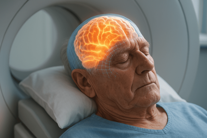 Elderly man undergoing a brain scan inside an MRI machine with a glowing holographic brain visualized, representing Alzheimer's research and diagnostic advancements.
